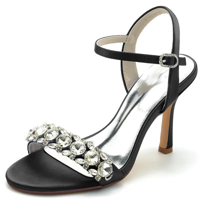 Chaussures de Soirée à Talon Aiguille et Bout Ouvert En Satin de Soie pour Femmes avec Bride à la Cheville