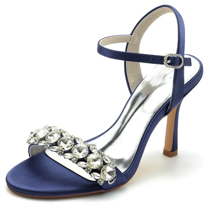 Chaussures de Soirée à Talon Aiguille et Bout Ouvert En Satin de Soie pour Femmes avec Bride à la Cheville