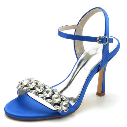 Chaussures de Soirée à Talon Aiguille et Bout Ouvert En Satin de Soie pour Femmes avec Bride à la Cheville