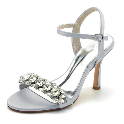 Chaussures de Soirée à Talon Aiguille et Bout Ouvert En Satin de Soie pour Femmes avec Bride à la Cheville