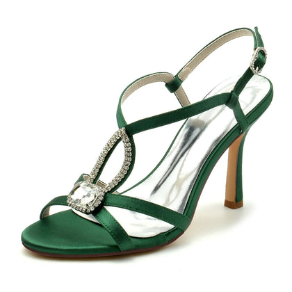 Chaussures de Soirée à Talon Aiguille et Bout Ouvert En Satin de Soie et Strass pour Femmes avec Bride à la Cheville