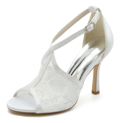 Chaussures de Soirée à Talon Aiguille et Bout Ouvert En Dentelle avec Bride à la Cheville pour Femmes