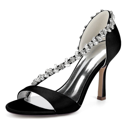Chaussures de Soirée à Bout Ouvert et Talon Aiguille en Satin de Soie et Perles Pour Femmes avec Strass