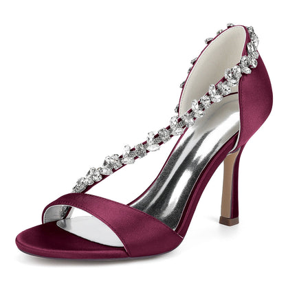 Chaussures de Soirée à Bout Ouvert et Talon Aiguille en Satin de Soie et Perles Pour Femmes avec Strass