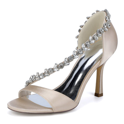 Chaussures de Soirée à Bout Ouvert et Talon Aiguille en Satin de Soie et Perles Pour Femmes avec Strass
