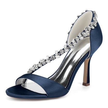 Chaussures de Soirée à Bout Ouvert et Talon Aiguille en Satin de Soie et Perles Pour Femmes avec Strass