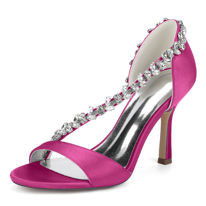 Chaussures de Soirée à Bout Ouvert et Talon Aiguille en Satin de Soie et Perles Pour Femmes avec Strass