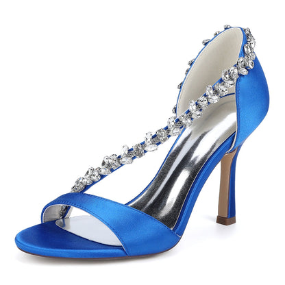 Chaussures de Soirée à Bout Ouvert et Talon Aiguille en Satin de Soie et Perles Pour Femmes avec Strass