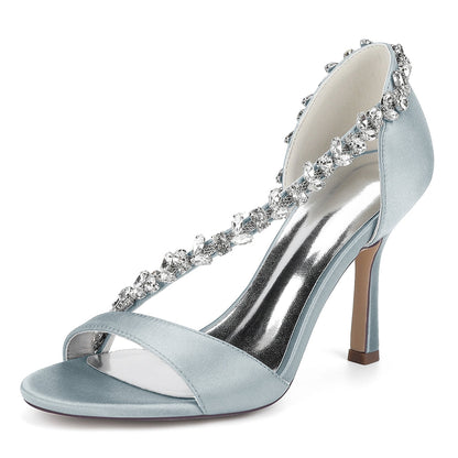 Chaussures de Soirée à Bout Ouvert et Talon Aiguille en Satin de Soie et Perles Pour Femmes avec Strass