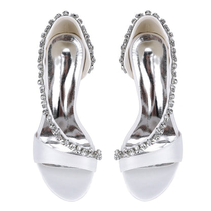 Chaussures de Soirée à Bout Ouvert et Talon Aiguille en Satin de Soie et Perles Pour Femmes avec Strass