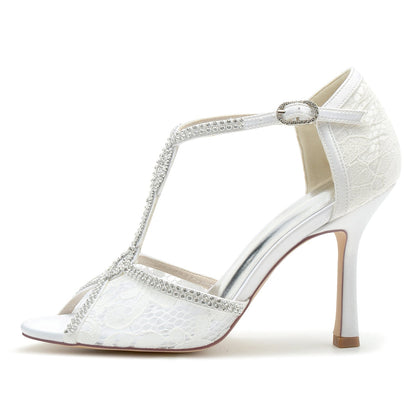 Chaussures de Soirée à Talon Aiguille et Strass En Satin de Soie pour Femmes avec Bride à la Cheville et Bout Ouvert