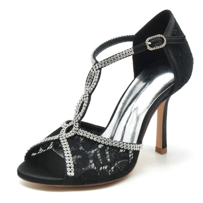 Chaussures de Soirée à Talon Aiguille et Strass En Satin de Soie pour Femmes avec Bride à la Cheville et Bout Ouvert