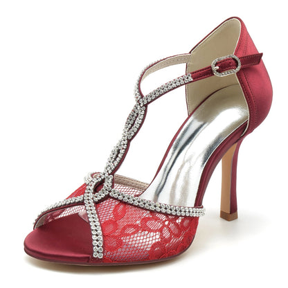 Chaussures de Soirée à Talon Aiguille et Strass En Satin de Soie pour Femmes avec Bride à la Cheville et Bout Ouvert