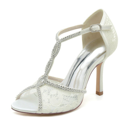 Chaussures de Soirée à Talon Aiguille et Strass En Satin de Soie pour Femmes avec Bride à la Cheville et Bout Ouvert