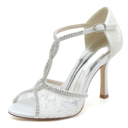 Chaussures de Soirée à Talon Aiguille et Strass En Satin de Soie pour Femmes avec Bride à la Cheville et Bout Ouvert