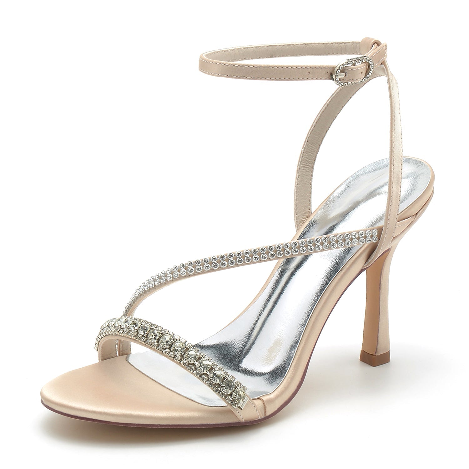 Chaussures de Soirée à Talon Aiguille et Bout Ouvert En Satin de Soie pour Femmes avec Bride à la Cheville et Strass