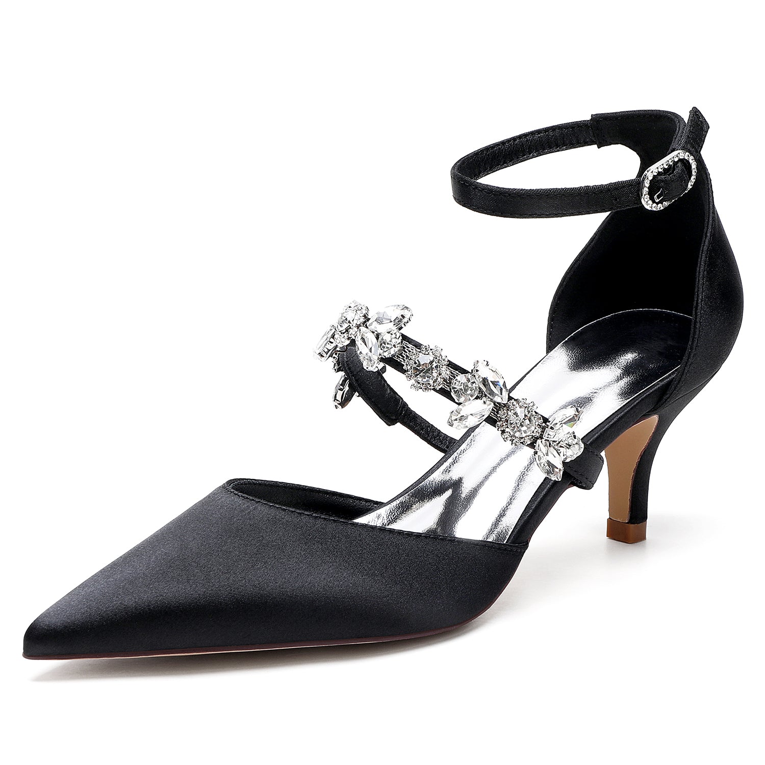 Chaussures de Soirée à Talon Aiguille et Bout Fermé En Satin de Soie pour Femmes avec Bride à la Cheville et Strass