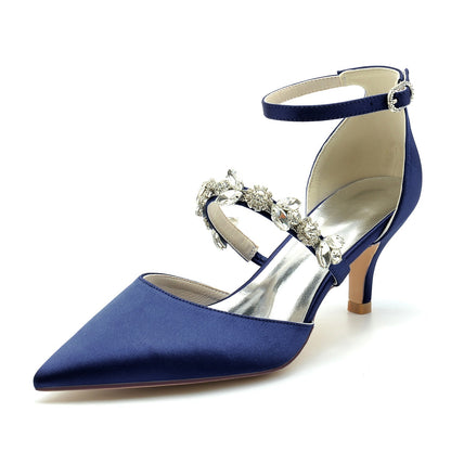 Chaussures de Soirée à Talon Aiguille et Bout Fermé En Satin de Soie pour Femmes avec Bride à la Cheville et Strass