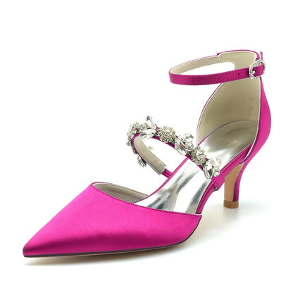 Chaussures de Soirée à Talon Aiguille et Bout Fermé En Satin de Soie pour Femmes avec Bride à la Cheville et Strass