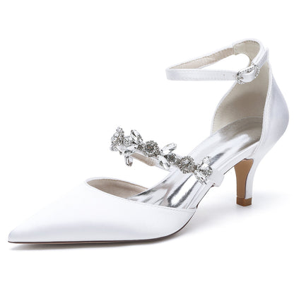 Chaussures de Soirée à Talon Aiguille et Bout Fermé En Satin de Soie pour Femmes avec Bride à la Cheville et Strass