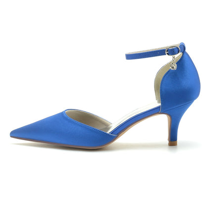 Chaussures de Mariage à Talon Aiguille et Bout Fermé En Satin de Soie pour Femmes avec Bride à la Cheville