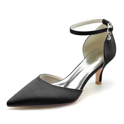 Chaussures de Mariage à Talon Aiguille et Bout Fermé En Satin de Soie pour Femmes avec Bride à la Cheville