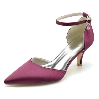 Chaussures de Mariage à Talon Aiguille et Bout Fermé En Satin de Soie pour Femmes avec Bride à la Cheville