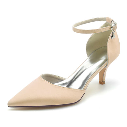 Chaussures de Mariage à Talon Aiguille et Bout Fermé En Satin de Soie pour Femmes avec Bride à la Cheville