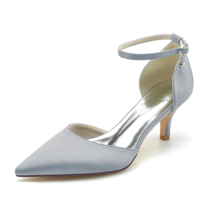 Chaussures de Mariage à Talon Aiguille et Bout Fermé En Satin de Soie pour Femmes avec Bride à la Cheville
