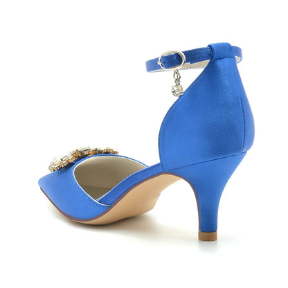 Chaussures de Mariage à Talon Aiguille En Satin de Soie pour Femmes avec Bout Fermé et Bride à la Cheville En Strass