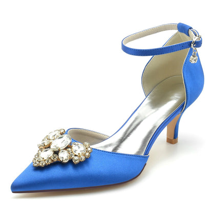 Chaussures de Mariage à Talon Aiguille En Satin de Soie pour Femmes avec Bout Fermé et Bride à la Cheville En Strass