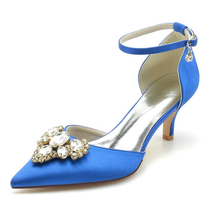 Chaussures de Mariage à Talon Aiguille En Satin de Soie pour Femmes avec Bout Fermé et Bride à la Cheville En Strass
