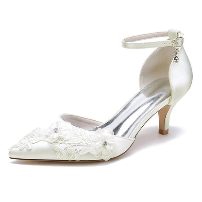 Chaussures de Soirée à Talon Aiguille et Bout Fermé En Satin de Soie pour Femmes avec Bride à la Cheville et Fleur