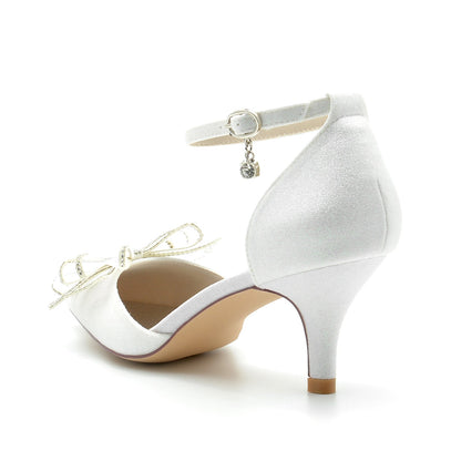 Chaussures de Soirée à Talons Aiguilles et Bout Fermé pour Femmes avec Bride à la Cheville et Nœud Papillon