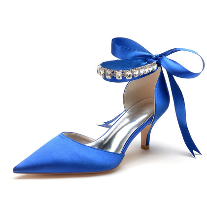 Chaussures de Mariage à Talons Aiguilles et Bout Fermé En Satin de Soie pour Femmes avec Bride à la Cheville et Strass