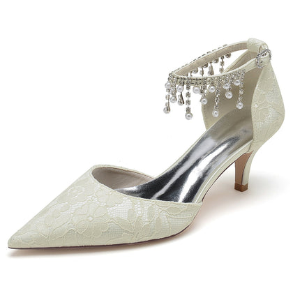 Chaussures de Mariage à Talon Aiguille et Bout Fermé En Dentelle et Strass pour Femmes avec Bride à la Cheville
