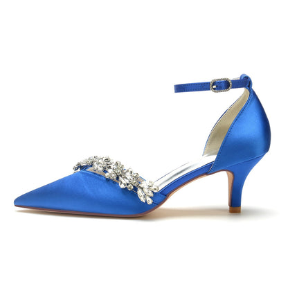 Chaussures de Mariage à Bout Fermé En Satin de Soie pour Femmes avec Bride à la Cheville et Talon Aiguille En Strass
