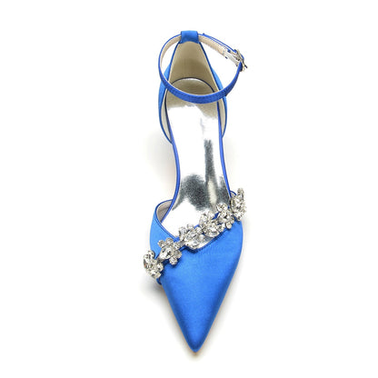 Chaussures de Mariage à Bout Fermé En Satin de Soie pour Femmes avec Bride à la Cheville et Talon Aiguille En Strass
