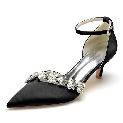 Chaussures de Mariage à Bout Fermé En Satin de Soie pour Femmes avec Bride à la Cheville et Talon Aiguille En Strass