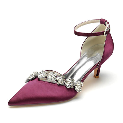 Chaussures de Mariage à Bout Fermé En Satin de Soie pour Femmes avec Bride à la Cheville et Talon Aiguille En Strass