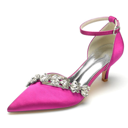 Chaussures de Mariage à Bout Fermé En Satin de Soie pour Femmes avec Bride à la Cheville et Talon Aiguille En Strass