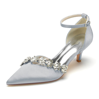 Chaussures de Mariage à Bout Fermé En Satin de Soie pour Femmes avec Bride à la Cheville et Talon Aiguille En Strass