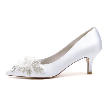 Chaussures de Mariage à Talon Aiguille En Satin de Soie pour Femmes avec Bout Fermé et Fleur
