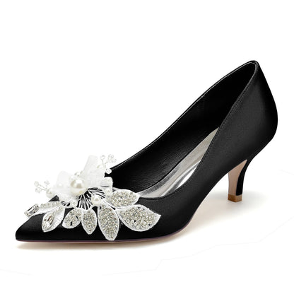 Chaussures de Mariage à Talon Aiguille En Satin de Soie pour Femmes avec Bout Fermé et Fleur
