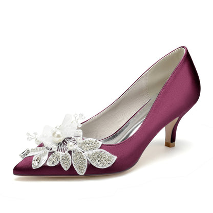 Chaussures de Mariage à Talon Aiguille En Satin de Soie pour Femmes avec Bout Fermé et Fleur