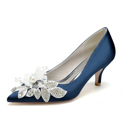 Chaussures de Mariage à Talon Aiguille En Satin de Soie pour Femmes avec Bout Fermé et Fleur