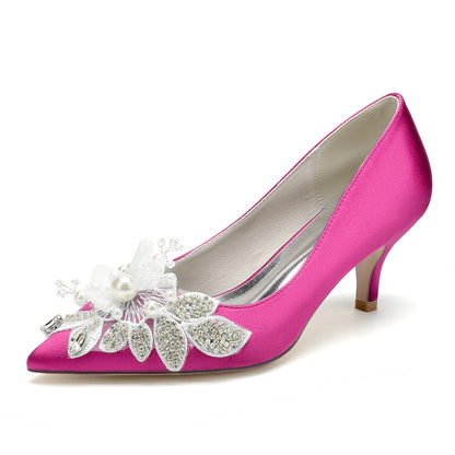 Chaussures de Mariage à Talon Aiguille En Satin de Soie pour Femmes avec Bout Fermé et Fleur