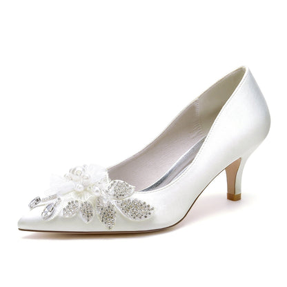 Chaussures de Mariage à Talon Aiguille En Satin de Soie pour Femmes avec Bout Fermé et Fleur