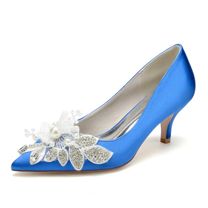 Chaussures de Mariage à Talon Aiguille En Satin de Soie pour Femmes avec Bout Fermé et Fleur