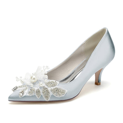 Chaussures de Mariage à Talon Aiguille En Satin de Soie pour Femmes avec Bout Fermé et Fleur